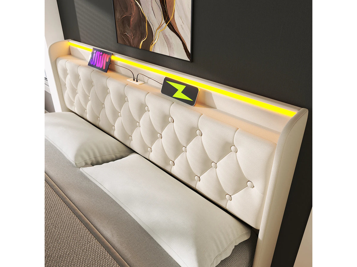 Lit Coffre 140x190 Simili Cuir Blanc avec LED et Port USB — vue 7