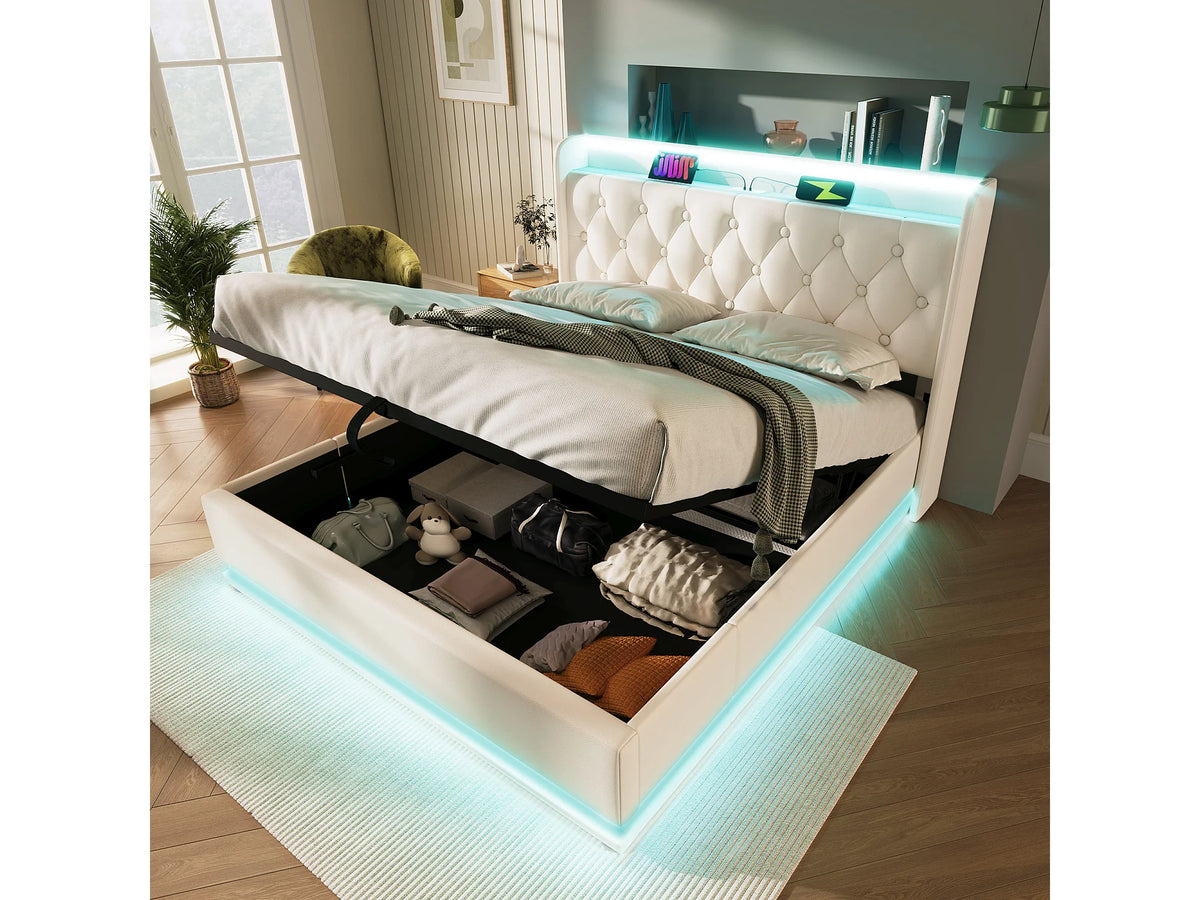 Lit Coffre 140x190 Simili Cuir Blanc avec LED et Port USB — vue 4