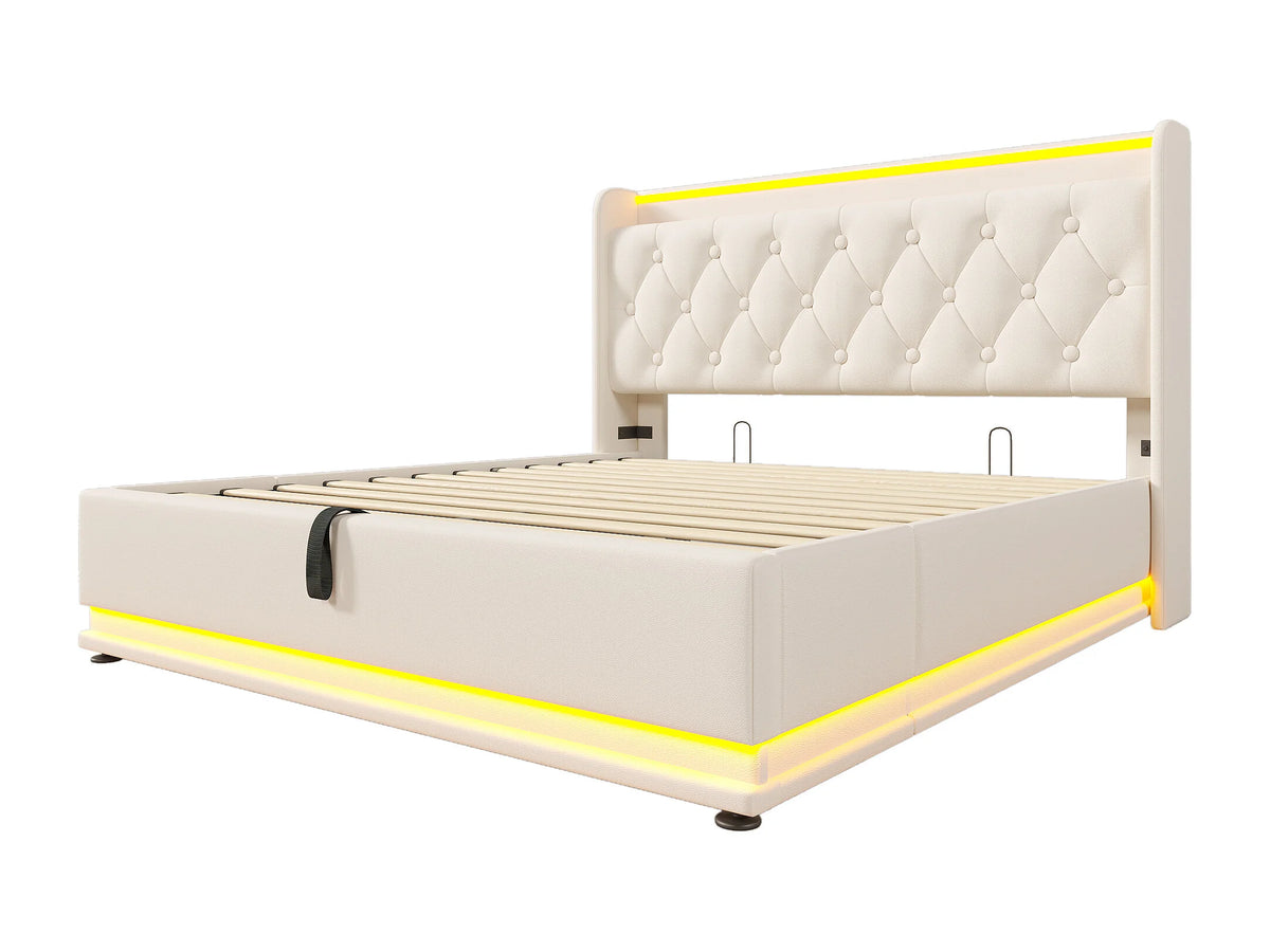 Lit Coffre 140x190 Simili Cuir Blanc avec LED et Port USB — vue 6