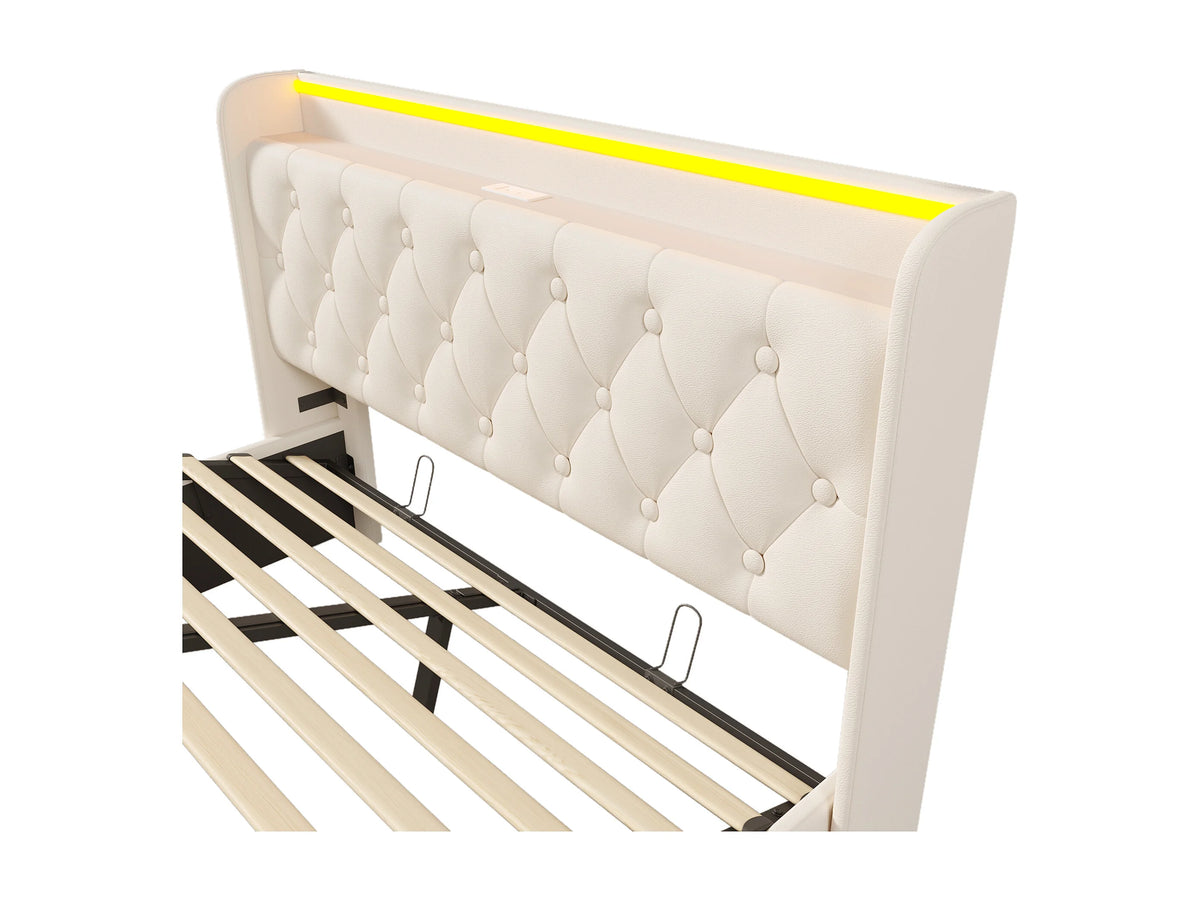 Lit Coffre 140x190 Simili Cuir Blanc avec LED et Port USB — vue 9