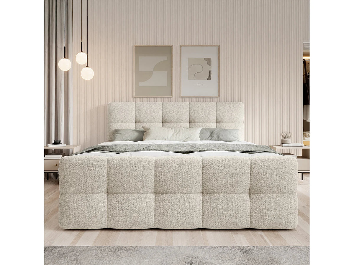 Lit Coffre 140x190 Tissu Bouclette Beige avec Matelas