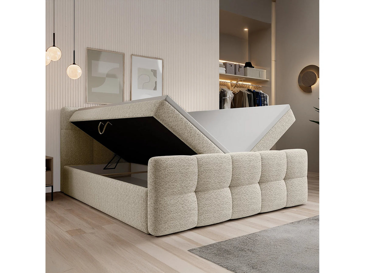 Lit Coffre 140x190 Tissu Bouclette Beige avec Matelas — vue 2