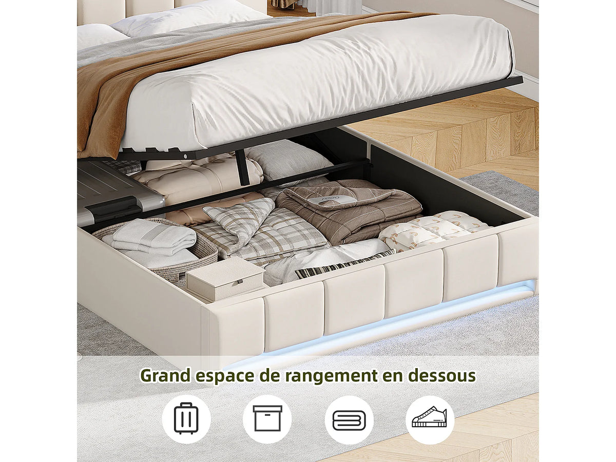 Lit Coffre 140x190 Tissu Lin Beige avec LED et Port USB — vue 2