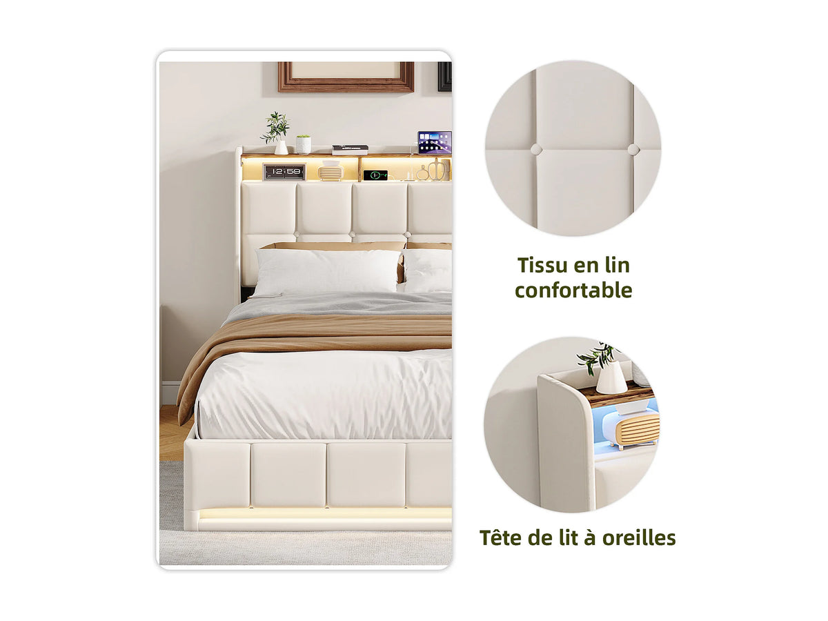 Lit Coffre 140x190 Tissu Lin Beige avec LED et Port USB — vue 6