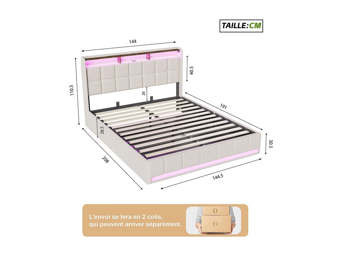Lit Coffre 140x190 Tissu Lin Beige avec LED et Port USB — vue 7