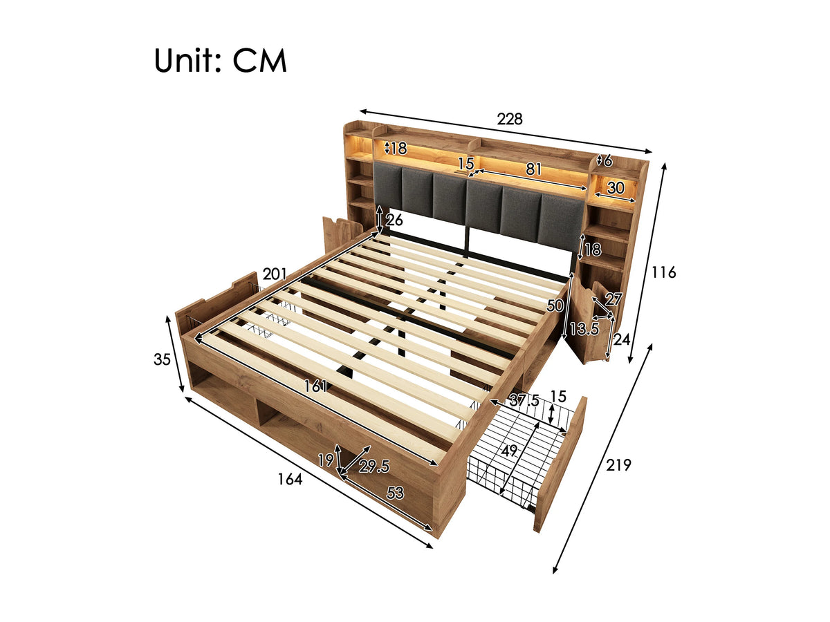 Lit Coffre 160x200 Bois Naturel clair avec Chevets, LED et Tiroirs — vue 10