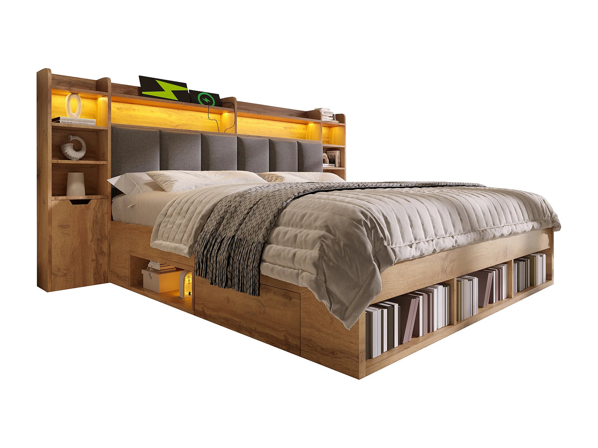 Lit Coffre 160x200 Bois Naturel clair avec Chevets, LED et Tiroirs — vue 8