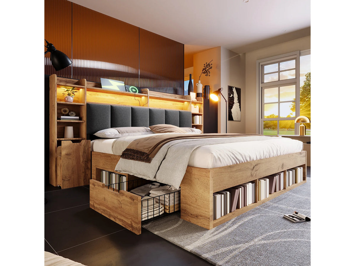 Lit Coffre 160x200 Bois Naturel clair avec Chevets, LED et Tiroirs — vue 2