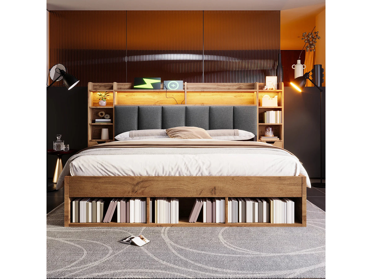 Lit Coffre 160x200 Bois Naturel clair avec Chevets, LED et Tiroirs — vue 3
