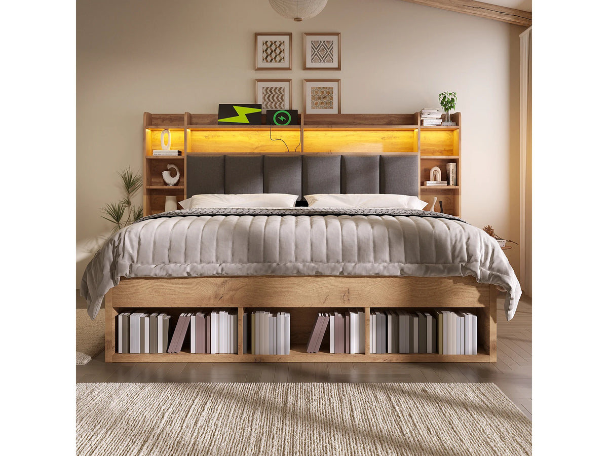 Lit Coffre 160x200 Bois Naturel clair avec Chevets, LED et Tiroirs — vue 5