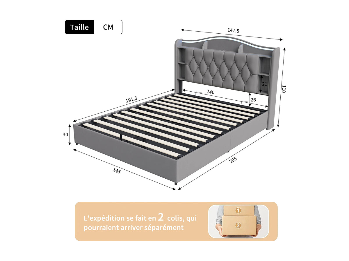 Lit Coffre 140x190 Velours Gris avec LED et Port USB — vue 4