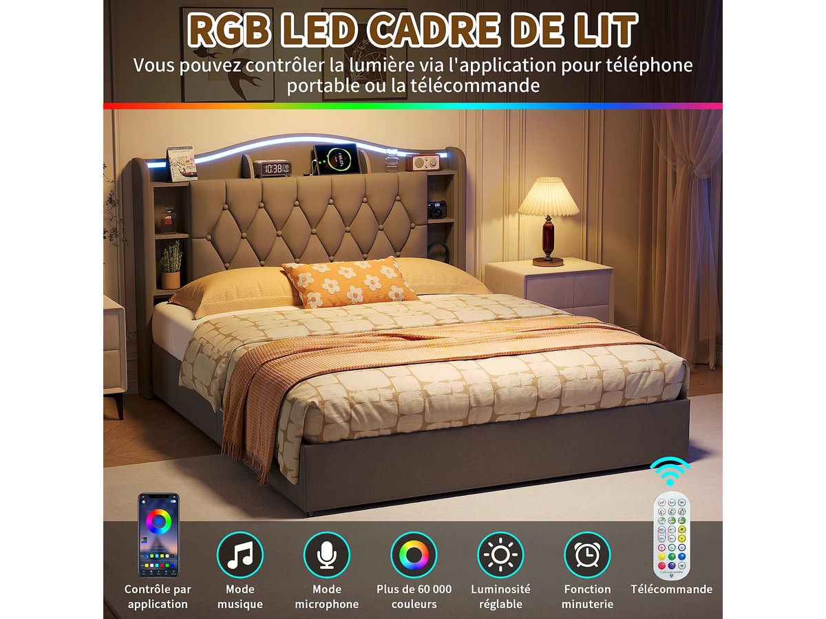 Lit Coffre 140x190 Velours Gris avec LED et Port USB