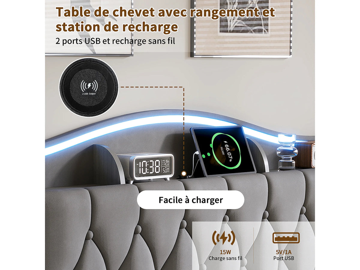Lit Coffre 140x190 Velours Gris avec LED et Port USB — vue 7