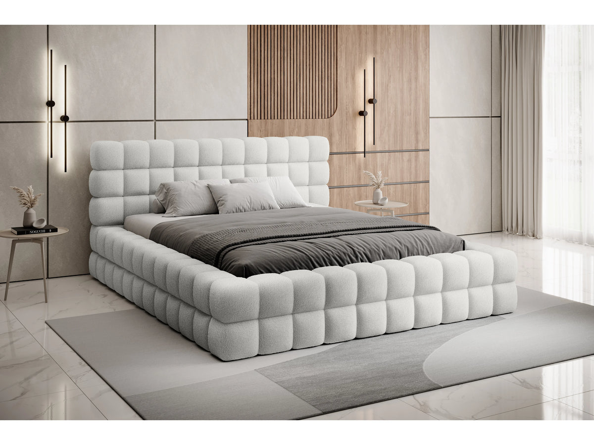 Lit Coffre 180x200 Tissu Bouclette Blanc Capitonné