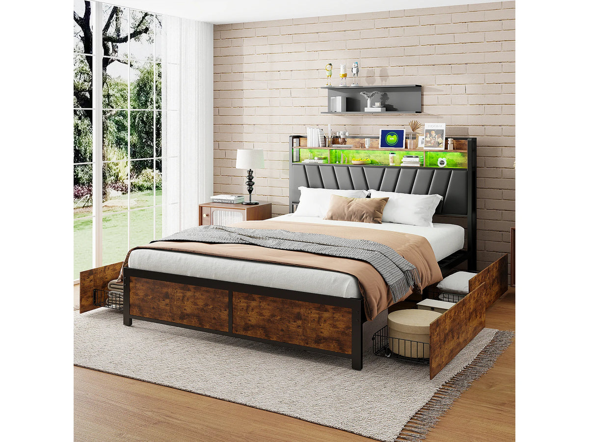 Lit Coffre 160x200 Simili Cuir Naturel foncé avec LED