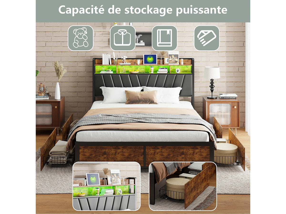 Lit Coffre 160x200 Simili Cuir Naturel foncé avec LED — vue 5