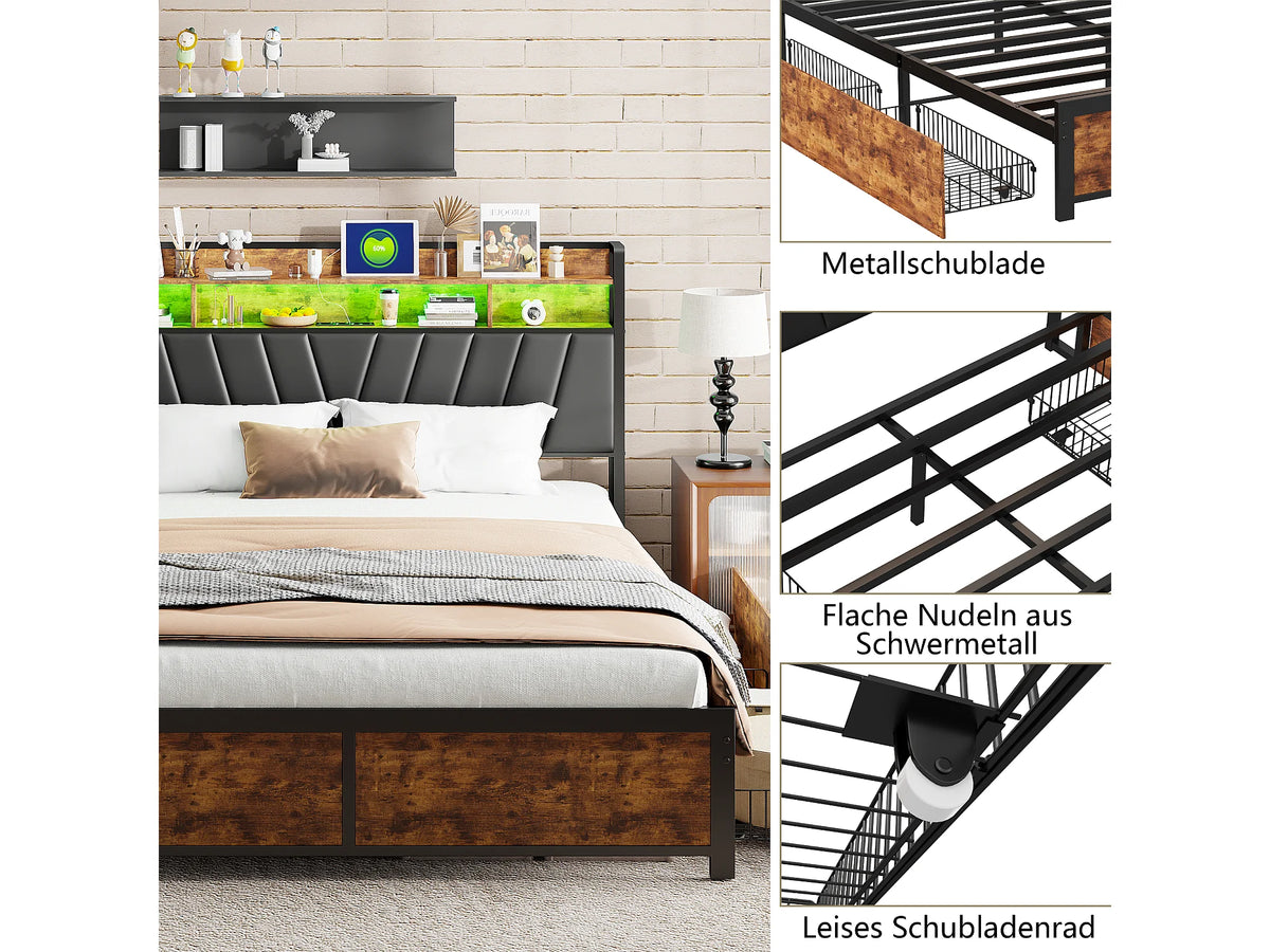 Lit Coffre 160x200 Simili Cuir Naturel foncé avec LED — vue 6