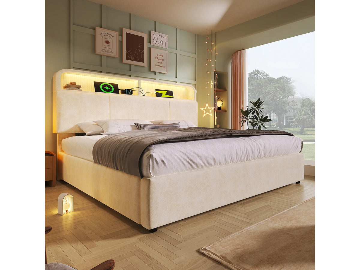 Lit Coffre 140x190 Velours Beige avec LED et Port USB — vue 9
