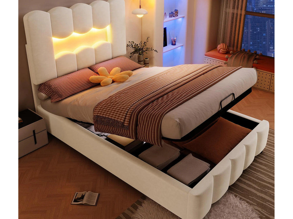 Lit Coffre 90x200 Velours Beige Capitonné avec LED