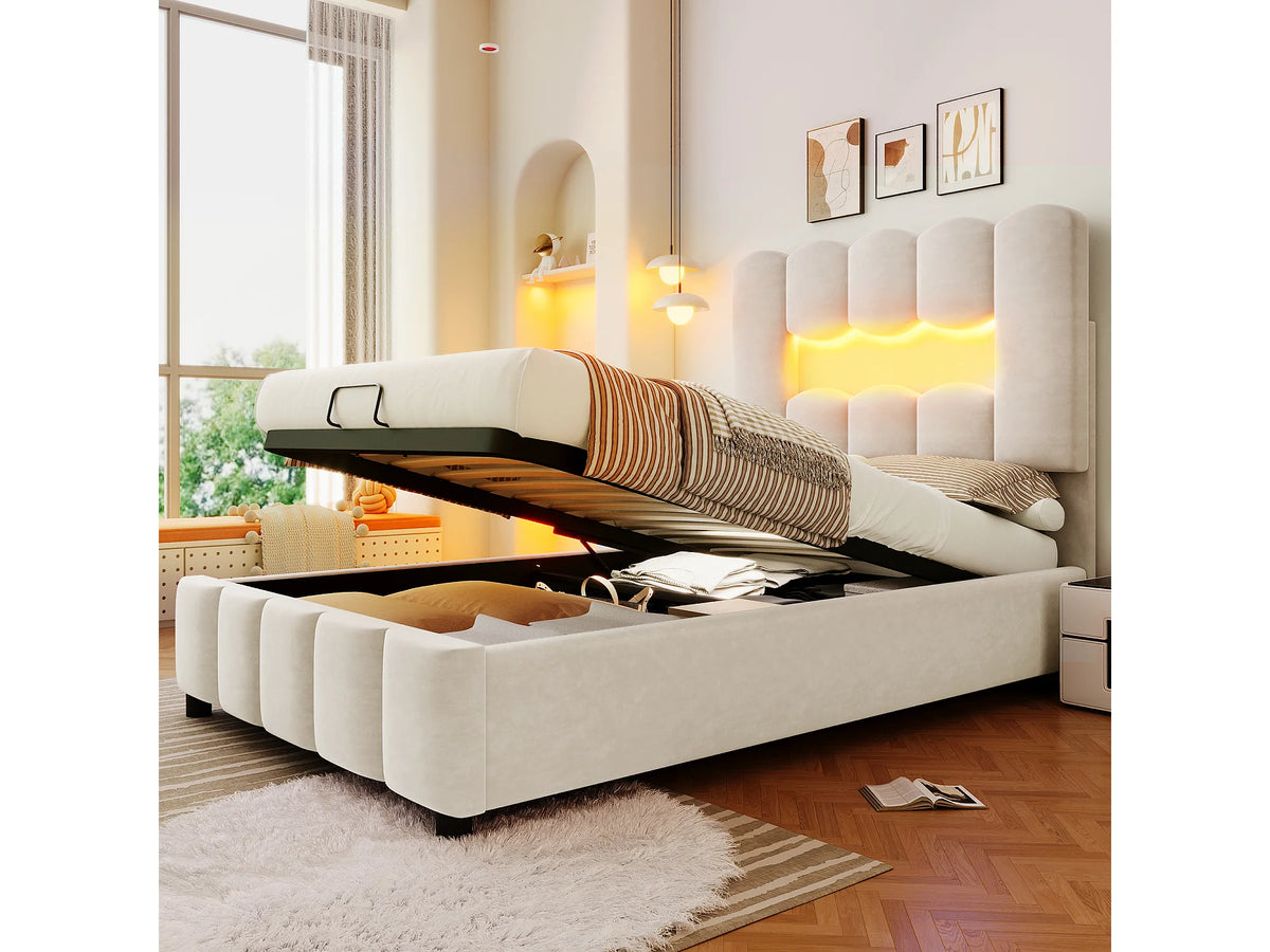 Lit Coffre 90x200 Velours Beige Capitonné avec LED — vue 10