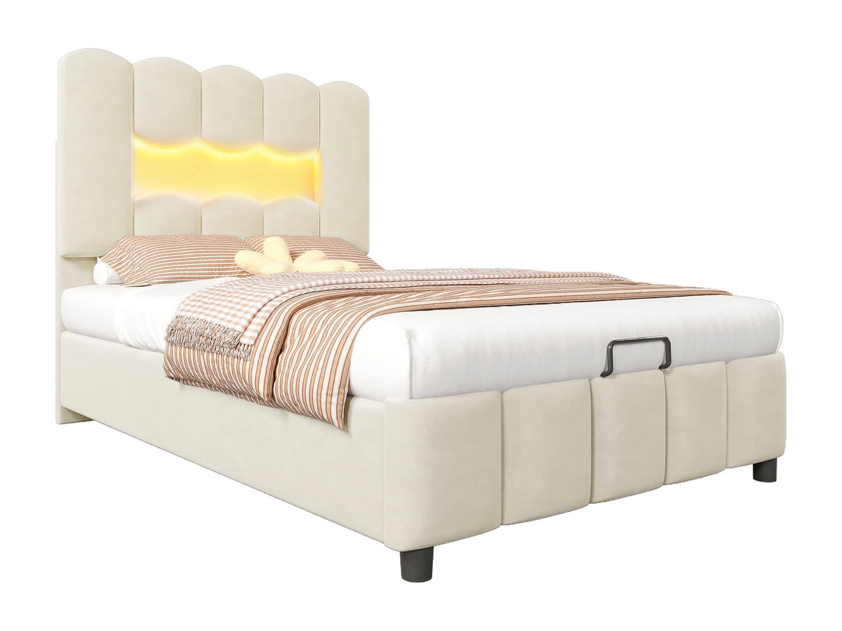 Lit Coffre 90x200 Velours Beige Capitonné avec LED — vue 3