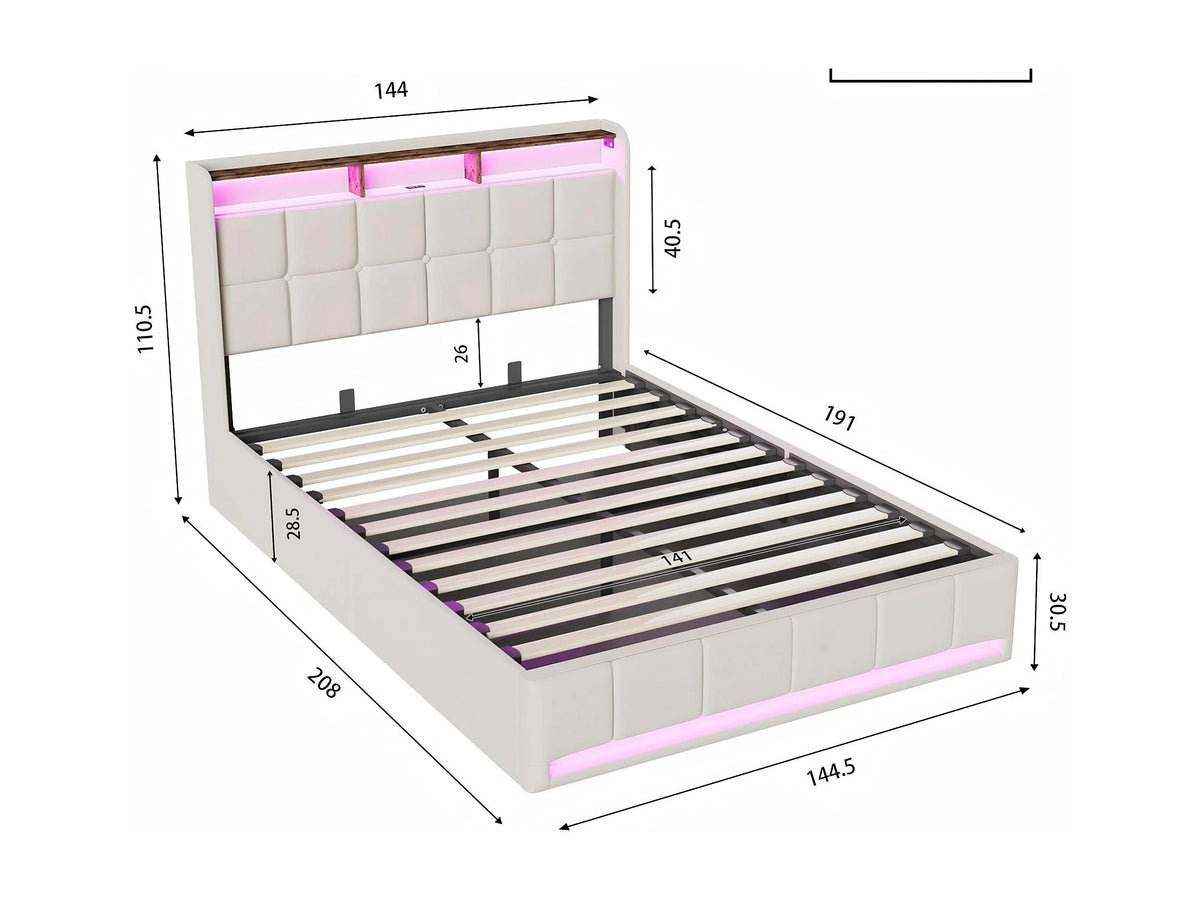 Lit Coffre 140x190 Bois Beige avec LED et Port USB