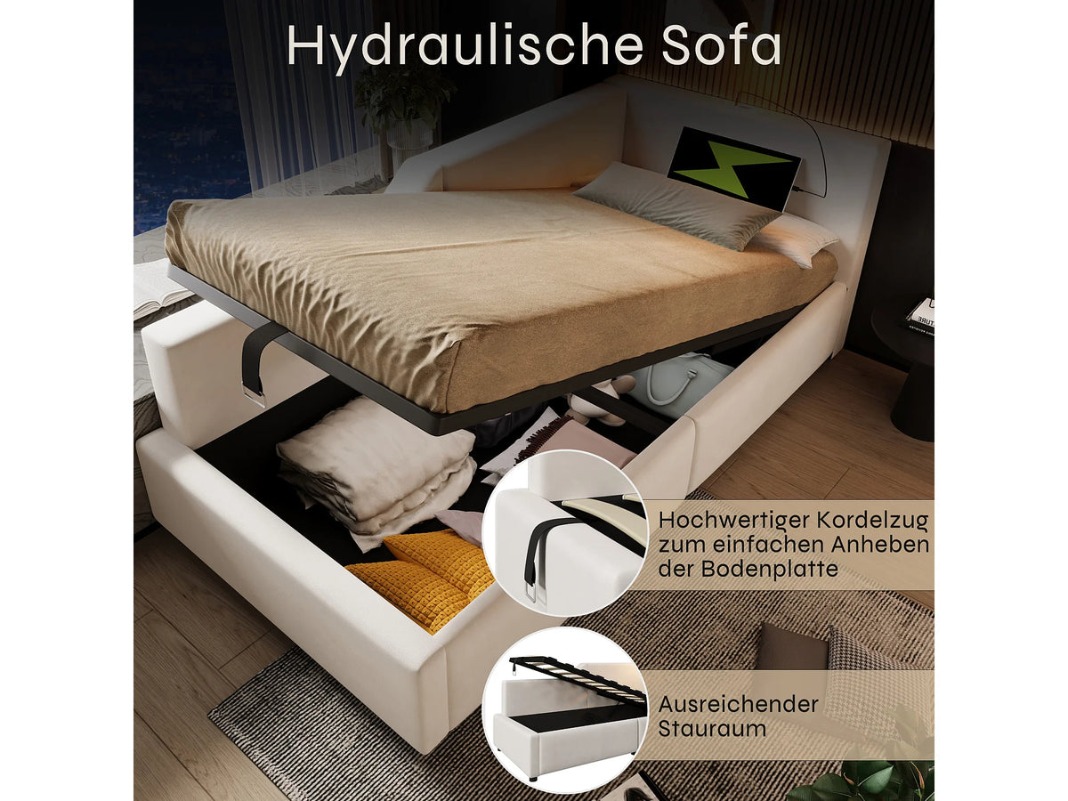 Lit Coffre 90x200 Velours Beige avec Port USB — vue 8
