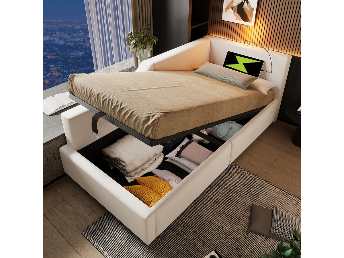 Lit Coffre 90x200 Velours Beige avec Port USB — vue 3