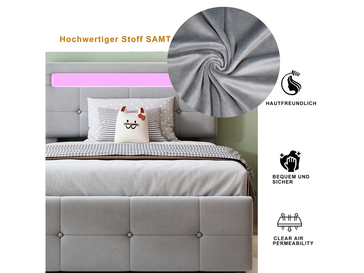 Lit Coffre 90x200 Velours Gris avec LED — vue 6