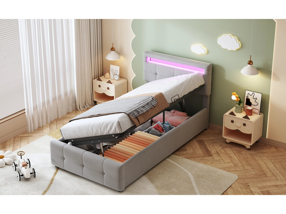 Lit Coffre 90x200 Velours Gris avec LED — vue 4