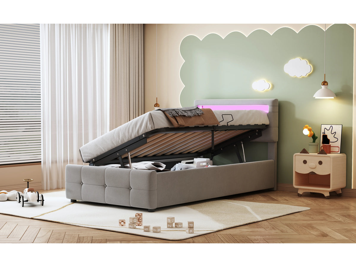 Lit Coffre 90x200 Velours Gris avec LED — vue 8