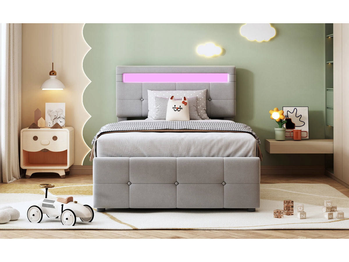 Lit Coffre 90x200 Velours Gris avec LED — vue 9
