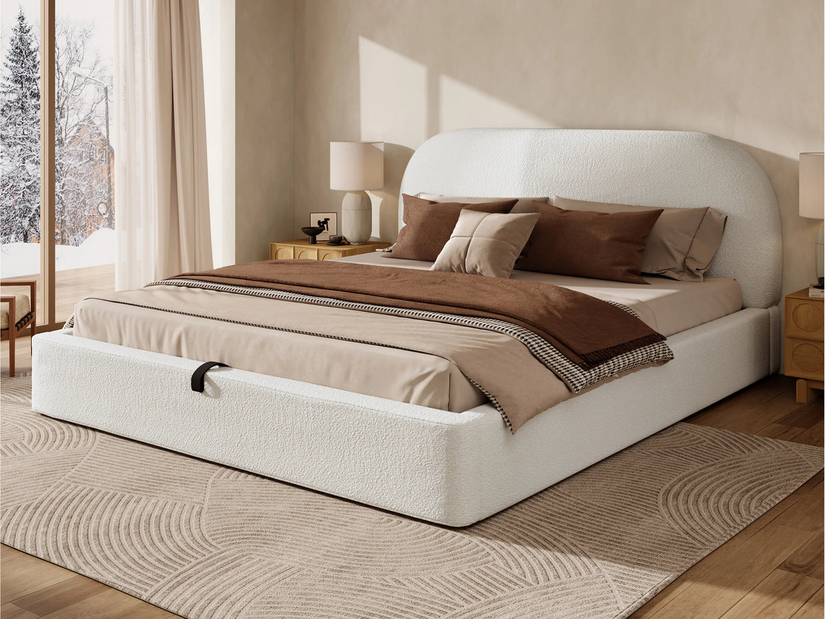 Lit Coffre 160x200 Tissu Bouclette Beige