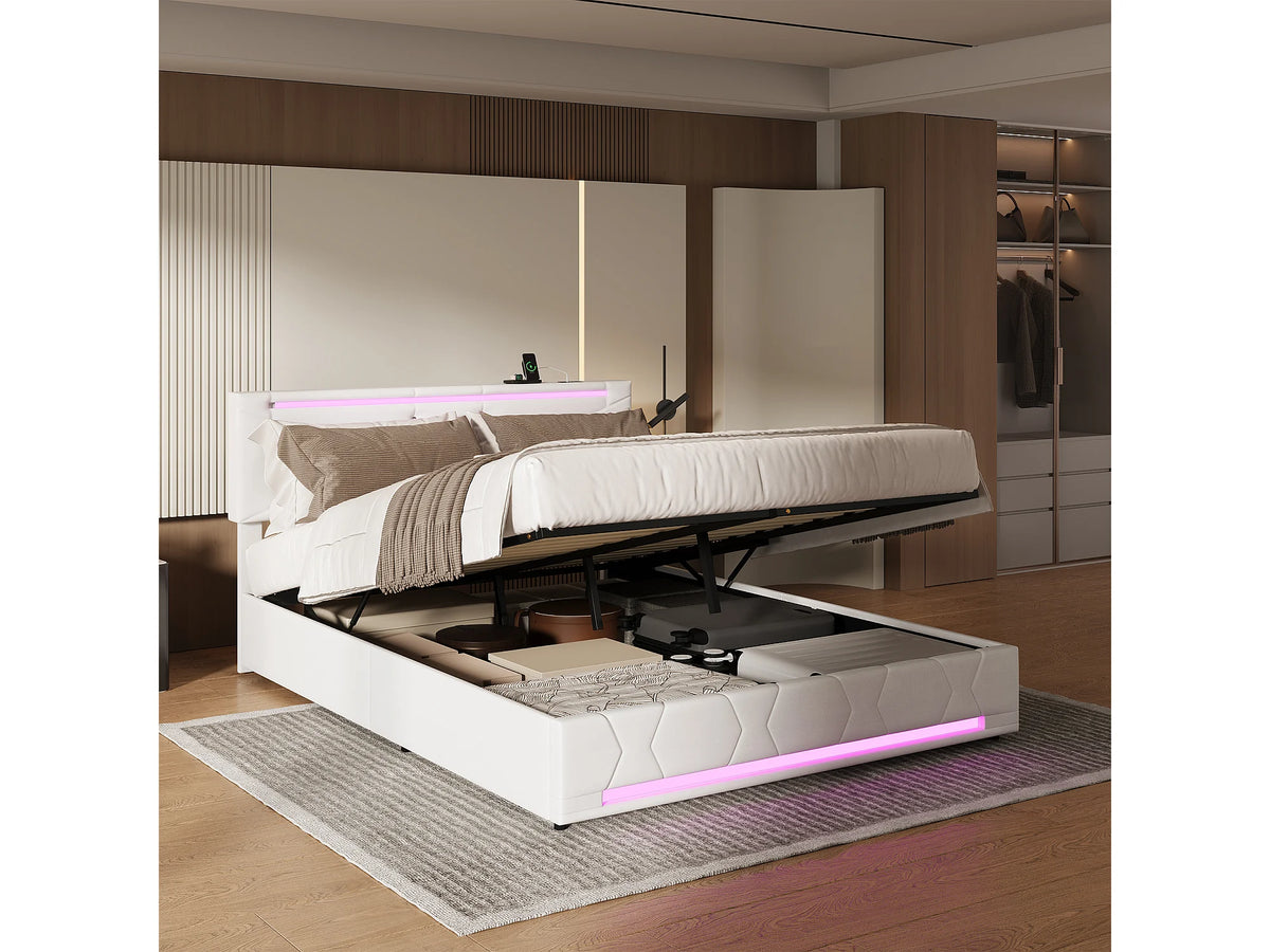Lit Coffre 140x190 Tissu Lin Blanc cassé avec LED et Port USB — vue 2