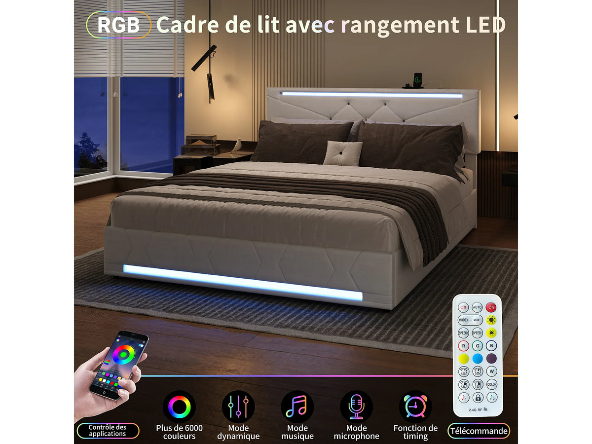 Lit Coffre 140x190 Tissu Lin Blanc cassé avec LED et Port USB — vue 3