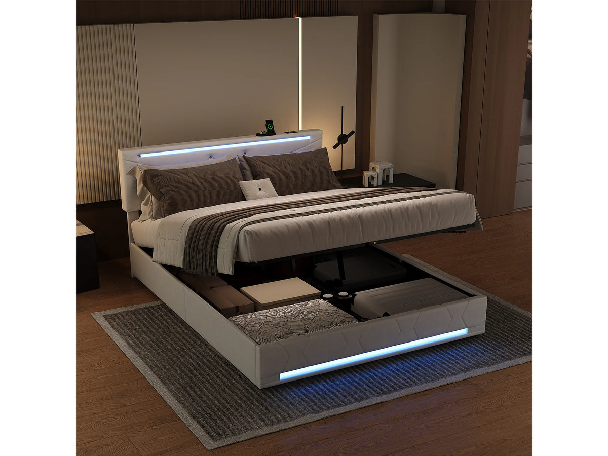 Lit Coffre 140x190 Tissu Lin Blanc cassé avec LED et Port USB — vue 9
