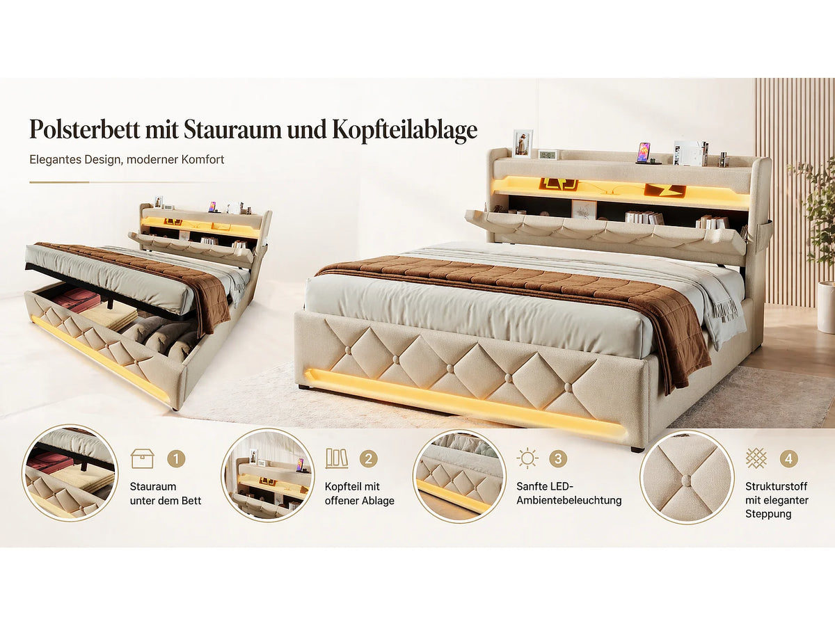 Lit Coffre 180x200 Tissu Lin Beige Capitonné avec Chevets, LED et Port USB — vue 4