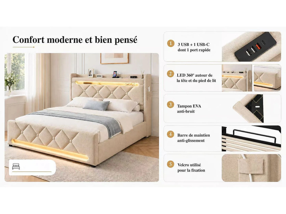 Lit Coffre 180x200 Tissu Lin Beige Capitonné avec Chevets, LED et Port USB — vue 7