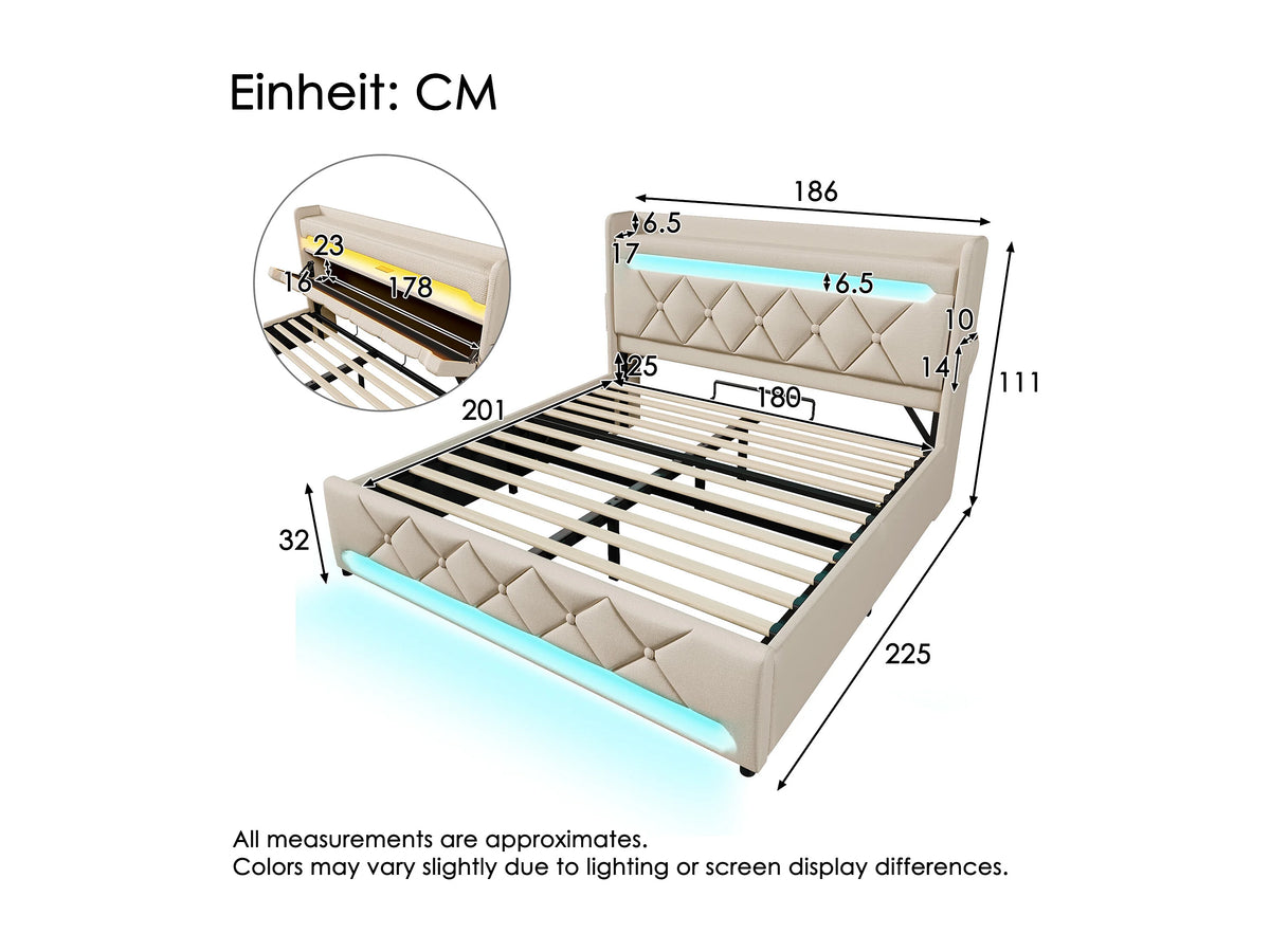 Lit Coffre 180x200 Tissu Lin Beige Capitonné avec Chevets, LED et Port USB — vue 8