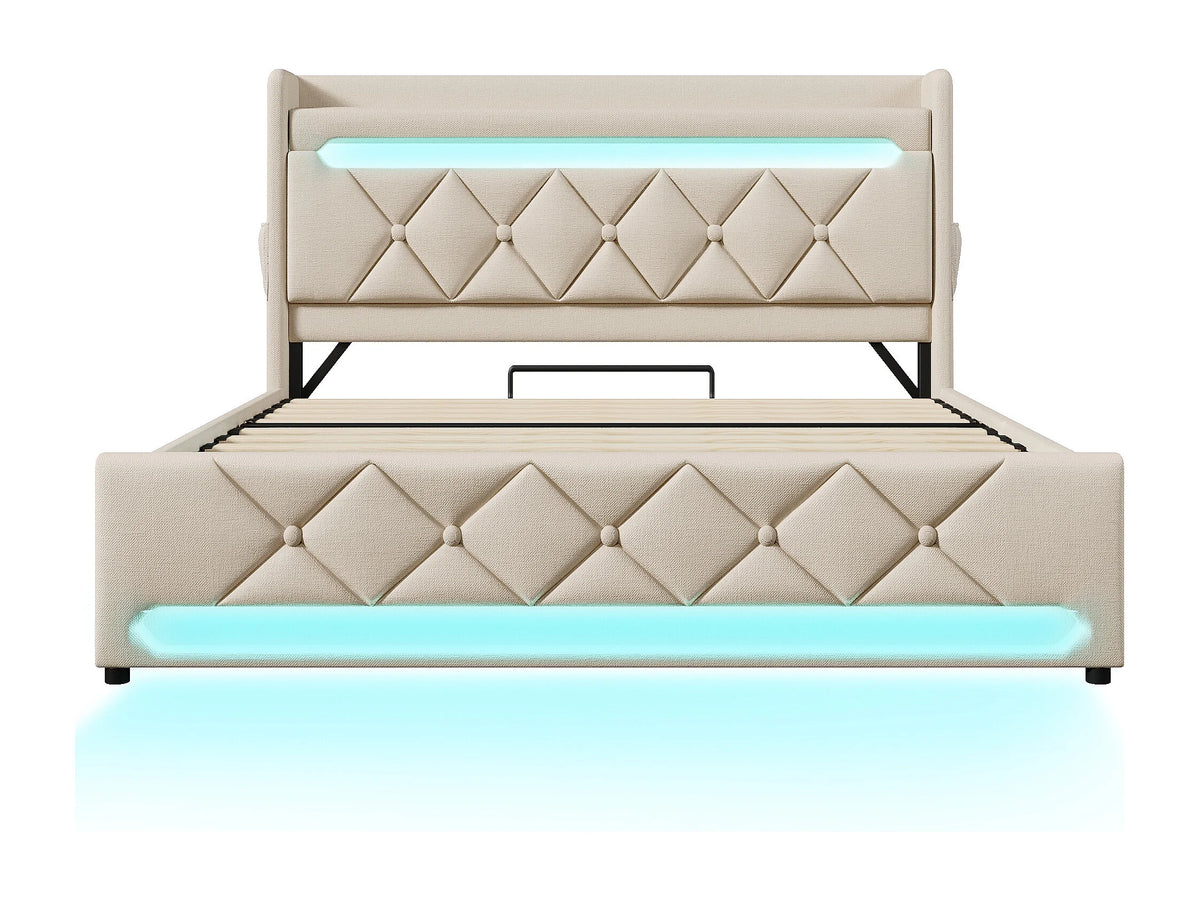 Lit Coffre 180x200 Tissu Lin Beige Capitonné avec Chevets, LED et Port USB — vue 5