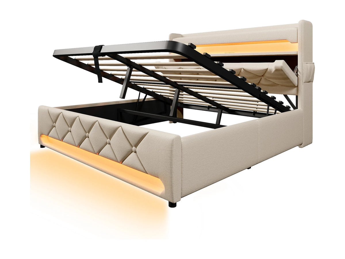 Lit Coffre 180x200 Tissu Lin Beige Capitonné avec Chevets, LED et Port USB — vue 6