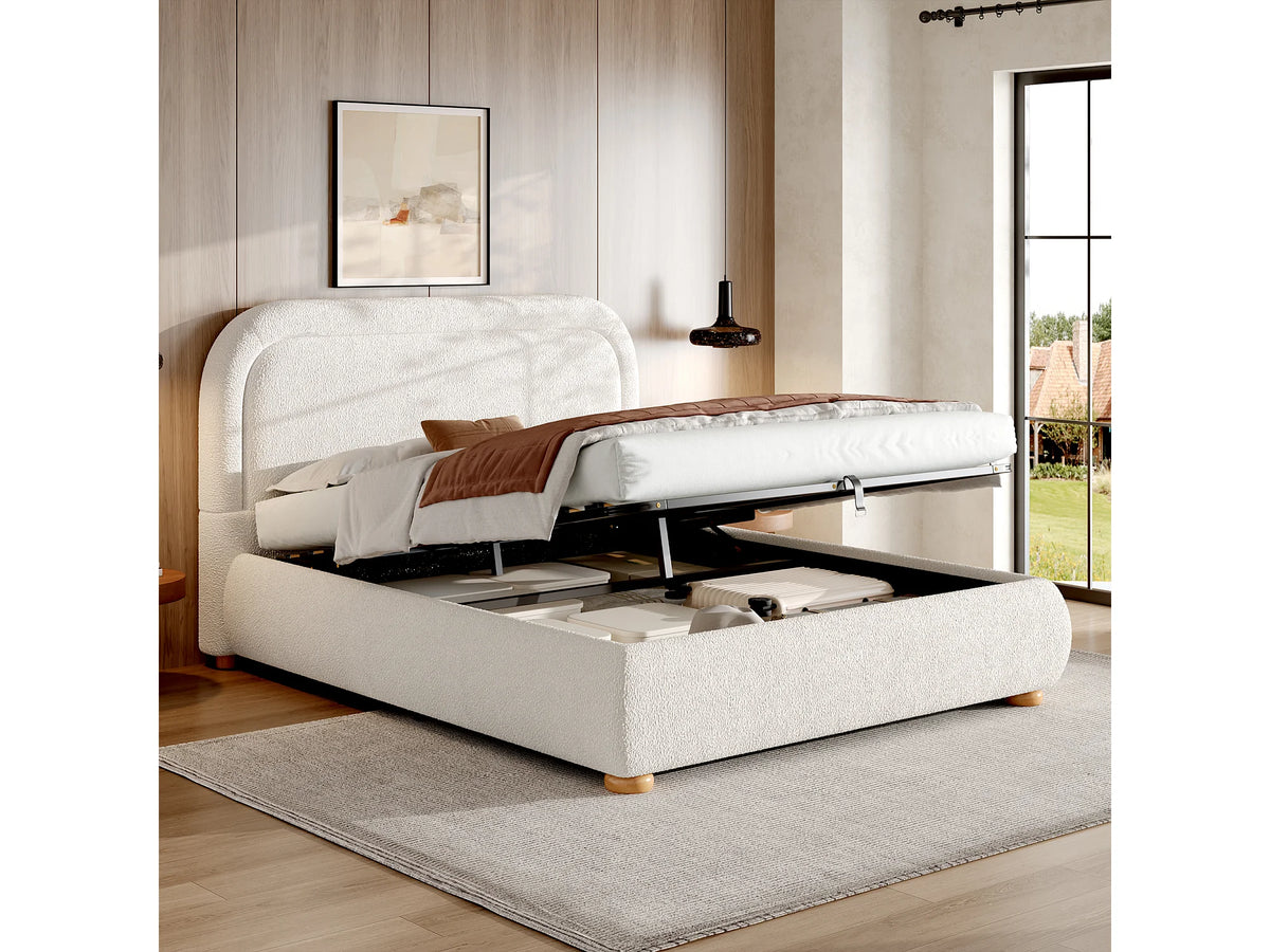 Lit Coffre 160x200 Tissu Bouclette Beige avec Chevets