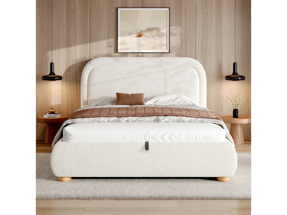 Lit Coffre 160x200 Tissu Bouclette Beige avec Chevets — vue 3