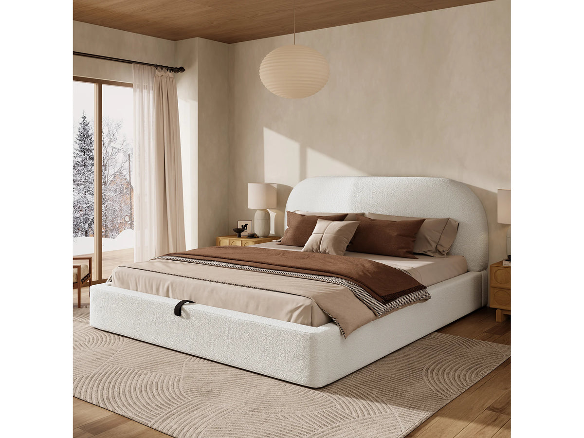 Lit Coffre 180x200 Tissu Bouclette Beige avec Chevets