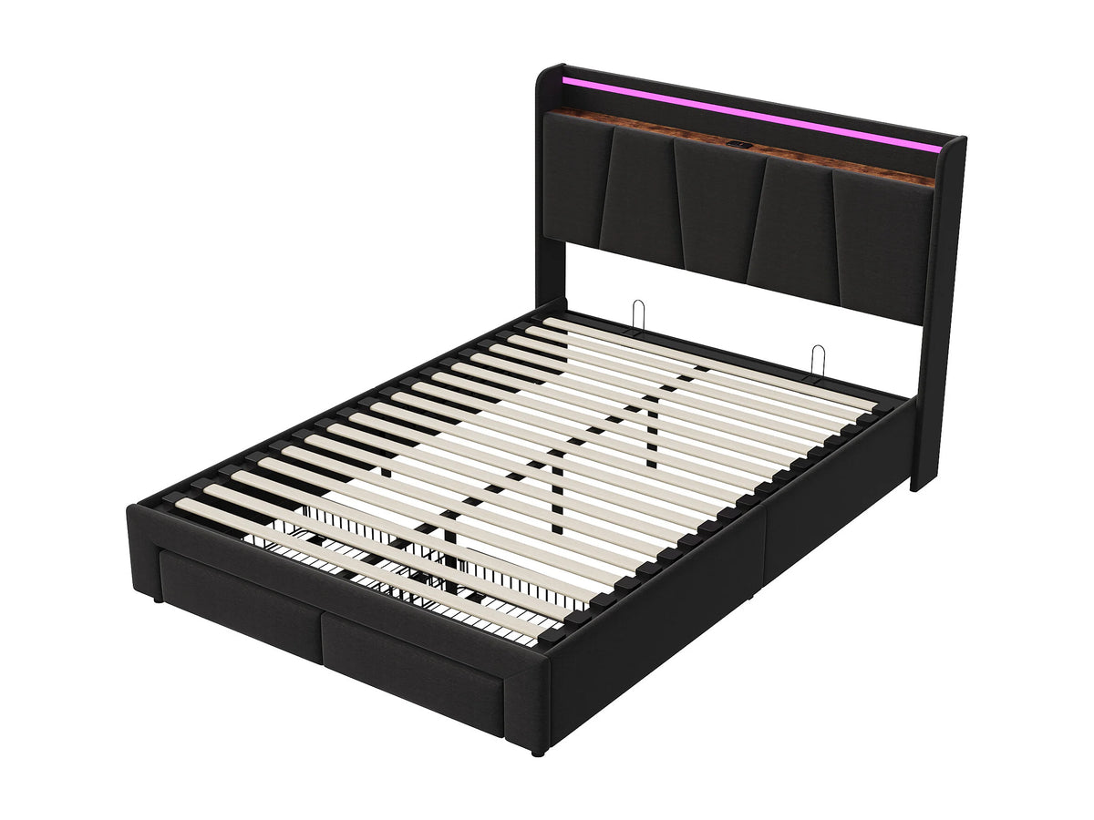 Lit Coffre 140x200 Tissu Lin Gris anthracite avec LED, Tiroirs et Port USB — vue 6