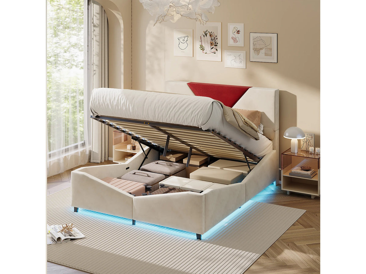 Lit Coffre 140x190 Velours Blanc avec LED — vue 3