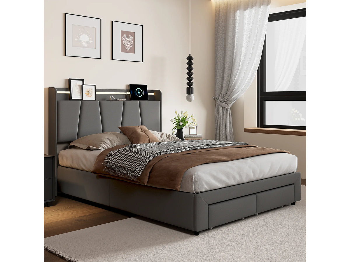 Lit Coffre 140x190 Bois Gris anthracite avec LED, Tiroirs et Port USB — vue 4