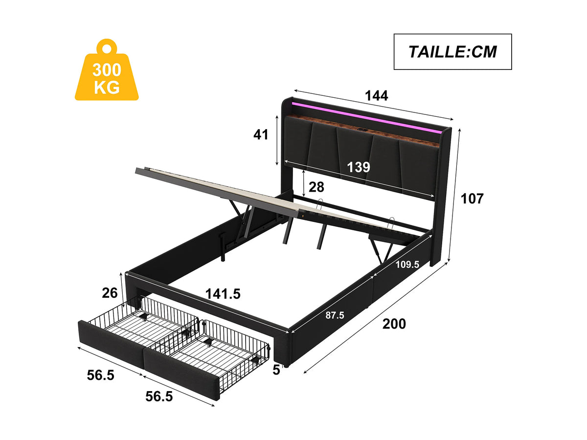 Lit Coffre 140x190 Bois Gris anthracite avec LED, Tiroirs et Port USB — vue 5
