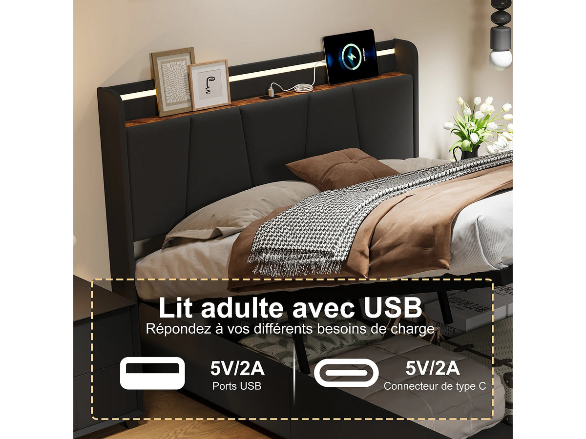 Lit Coffre 140x190 Bois Gris anthracite avec LED, Tiroirs et Port USB — vue 6