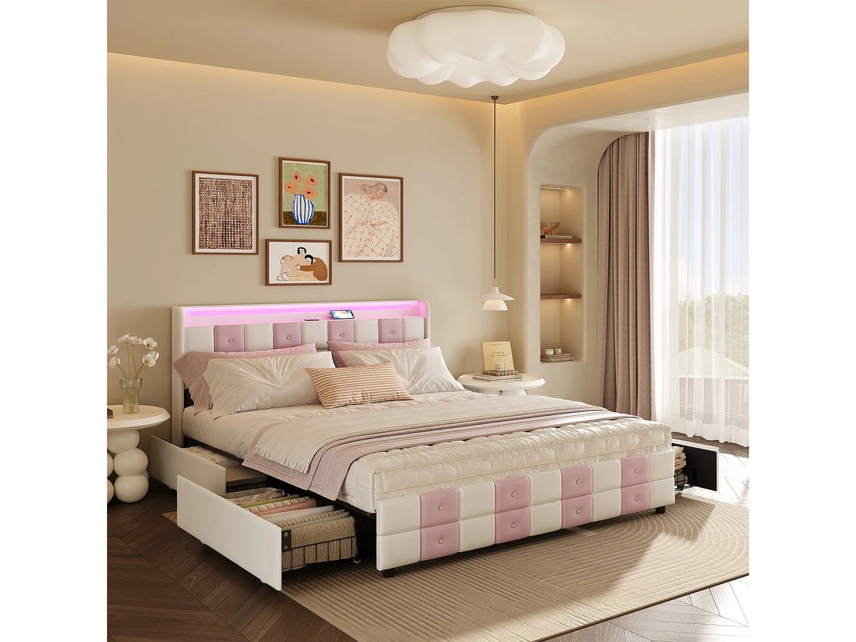 Lit Coffre 140x190 Velours Rose avec LED, Tiroirs et Port USB